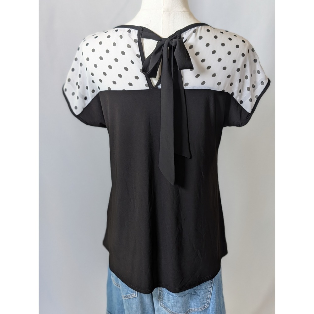 Coquette Retro Black White Polka Dot Lace Trim Bow Back Short Sleeve Blouse Top